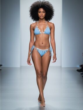 Light Blue Triangle Tie-Side Bikini with Shell Trim
